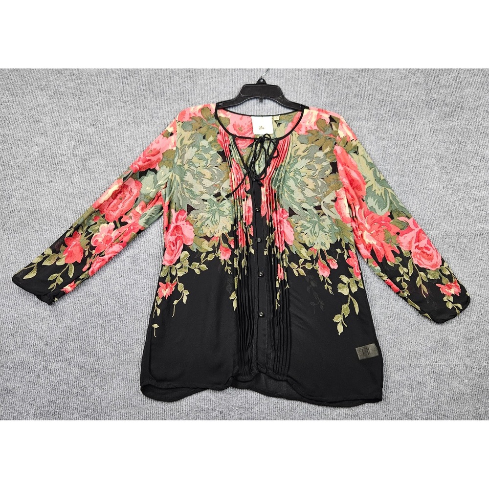 Anthropologie One Fine Day Floral Pleated Tie Neck Rayon Blouse Black Pink L